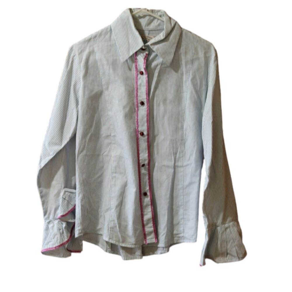 Bell Fine Garments Vintage Striped Button Down Ruffle Sleeve Sequin Trim Shirt 1